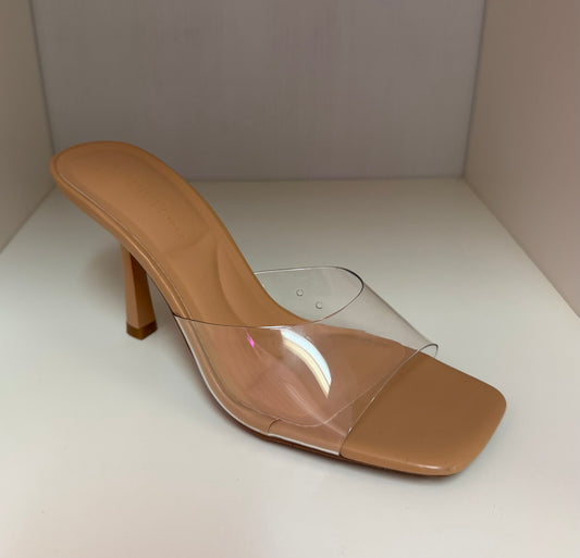 BIRKIN-11 CLEAR VAMP SLIP ON MULE STILETTO HEEL WITH NUDE BASE