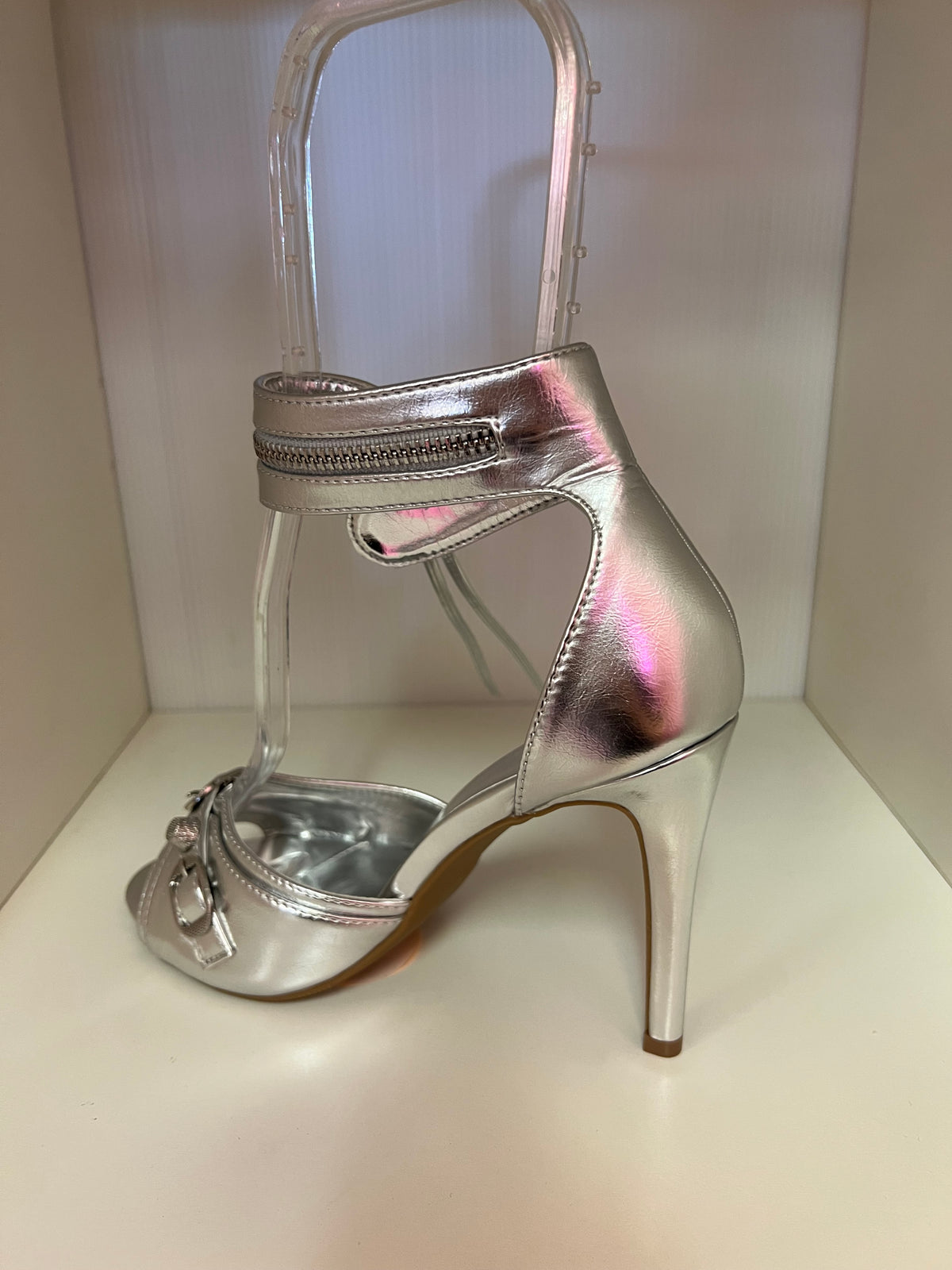 BERLIN-525 SILVER METALLIC FAUX LEATHER STILEETO HEEL WITH BUCKLE DETAIL VAMP AND ANKLE CUFF WITH ZIPPER AND TIE DETAIL