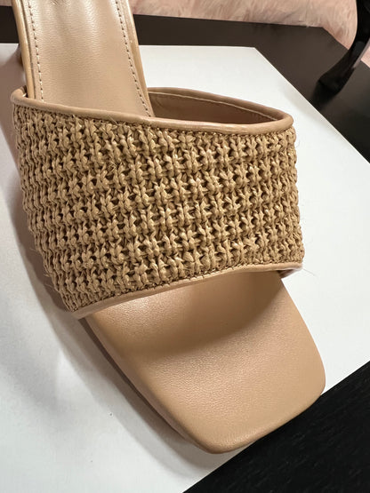 MARY-101 Nude Natural Woven Raffia Kitten Heel Open Toe Mule