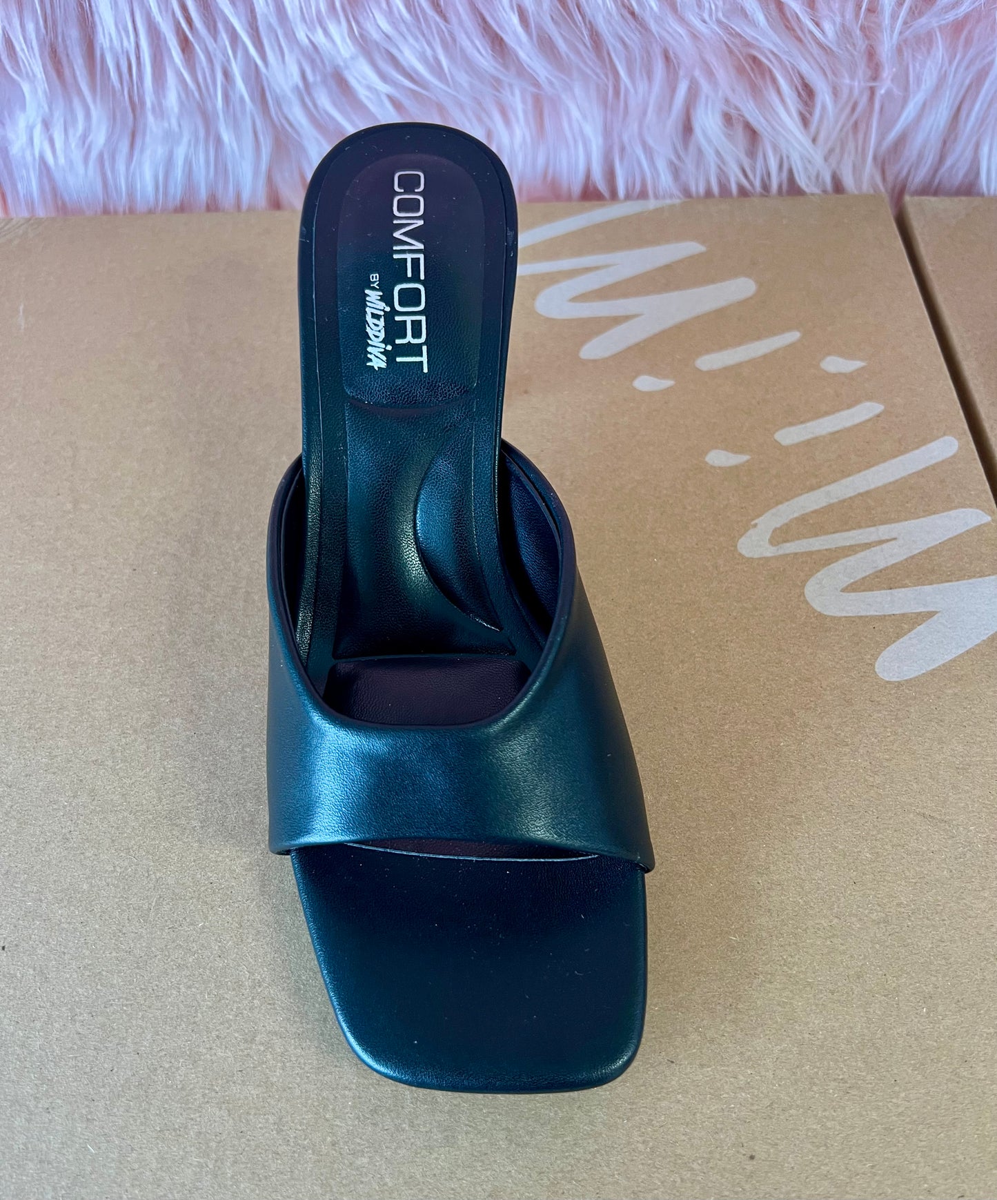 ELLIE-40 Black Kitten Heel Open Toe Black Faux Leather