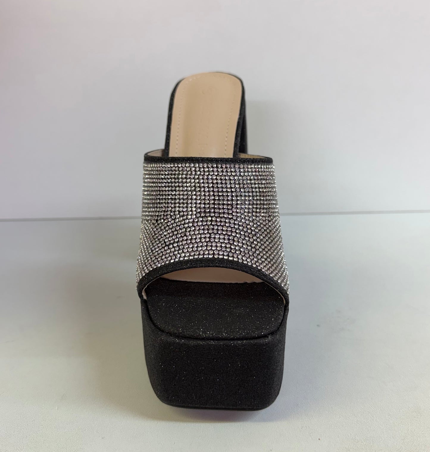REFRESH-01 BLACK GLITTER FABRIC CHUNKY PLATFORM CURVED BLOCK HEEL MULE WITH THICK RHINESTONE VAMP
