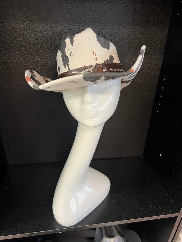 PASTURE COWBOY HAT IN COW PRINT -faux suede cowboy hat