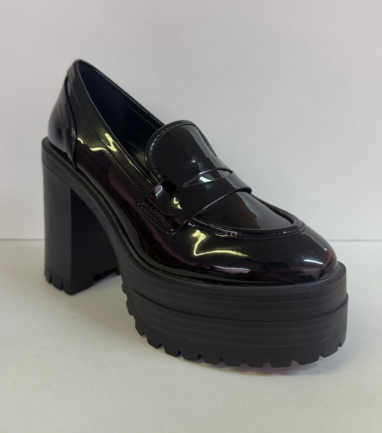 MANILA-03 BLACK PATENT PLATFORM BLOCK HEEL ROUND TOE LOAFERS