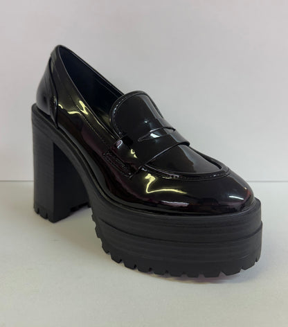 MANILA-03 BLACK PATENT PLATFORM BLOCK HEEL ROUND TOE LOAFERS
