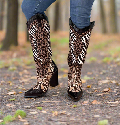 KARINE Black Brown Multi Faux Leopard Snake Zebra Cowboy Boot