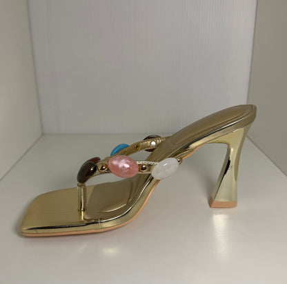 NOVARA-01 GOLD FAUX LEATHER SLIP ON SQUARE TOE SPLIT TOE THONG SANDAL WITH MULTICOLOR FAUX GEMSTONE DETAIL
