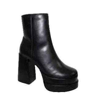 ERYN-4 BLACK FAUX LEATHER DOUBLE PLATFORM ROUND TOE CHUNKY BLOCK HEEL ANKLE BOOT