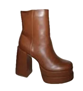 ERYN-4 COGNAC FAUX LEATHER DOUBLE PLATFORM ROUND TOE CHUNKY BLOCK HEEL ANKLE BOOT