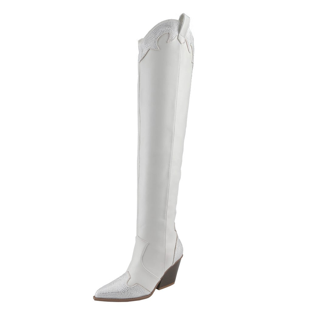 EVERYWHERE-3 white

- White Faux Leather Cowboy Boot
- Rhinestone Detail
- Pointy Toe Thigh High
- Cone Stacked Heel, Approx. 3.5"