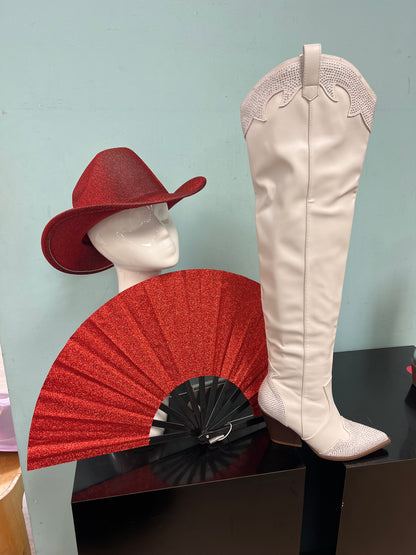 EVERYWHERE-3 white

- White Faux Leather Cowboy Boot
- Rhinestone Detail
- Pointy Toe Thigh High
- Cone Stacked Heel, Approx. 3.5"