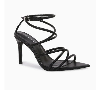 ELETTRA BLACK PATENT STRAPPY OPEN TOE STILETTO HEEL WITH ANKLE STRAP AND POINTED TOE BASE