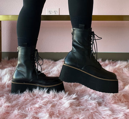 THE RIVETER Black Faux Leather Platform Combat Boot