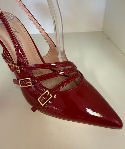 AILSA-20 PATENT LEATHER POINTY TOE SLING BACK PUMP Wine