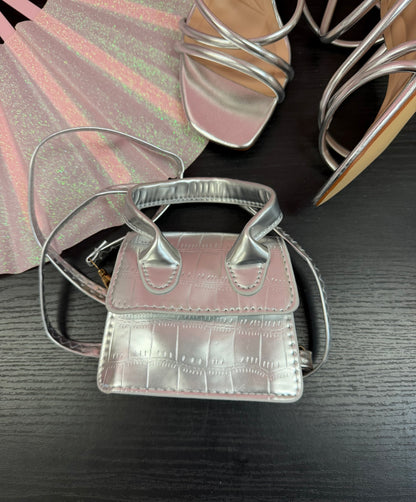 NEDRA SILVER EMBOSSED MINI BAG WITH CROSS BODY STRAP