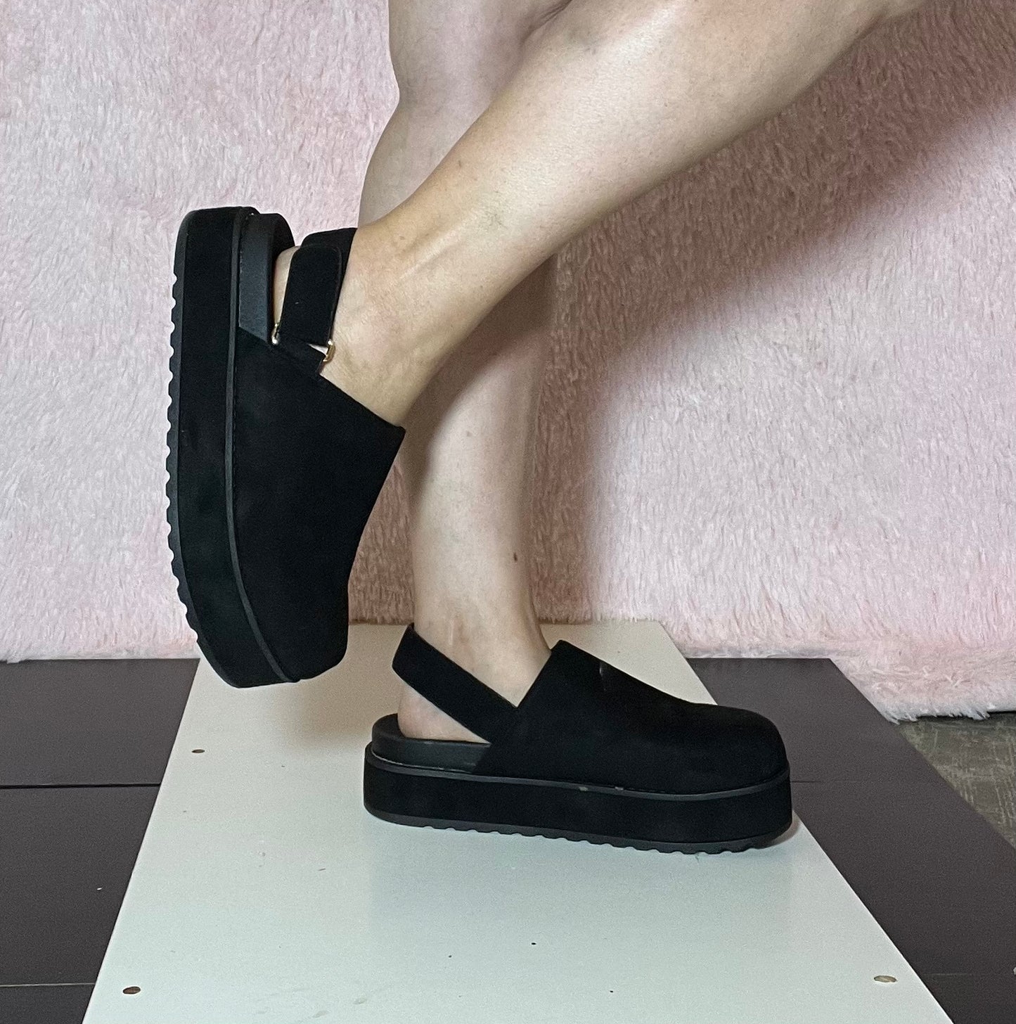 RENO-1 Black Faux Suede Platform Clog Slingback