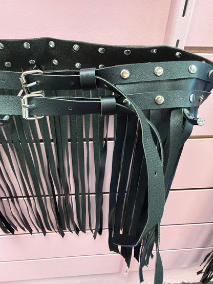OVER YONDER BLACK FAUX LEATHER FRINGE BELT WITH STUDS AND DOUBLE BUCKLE