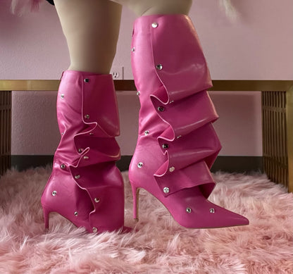 BUMBLE-01 Fuchsia Pink Faux Leather Knee High Slouch Boots with Draped Front Panel