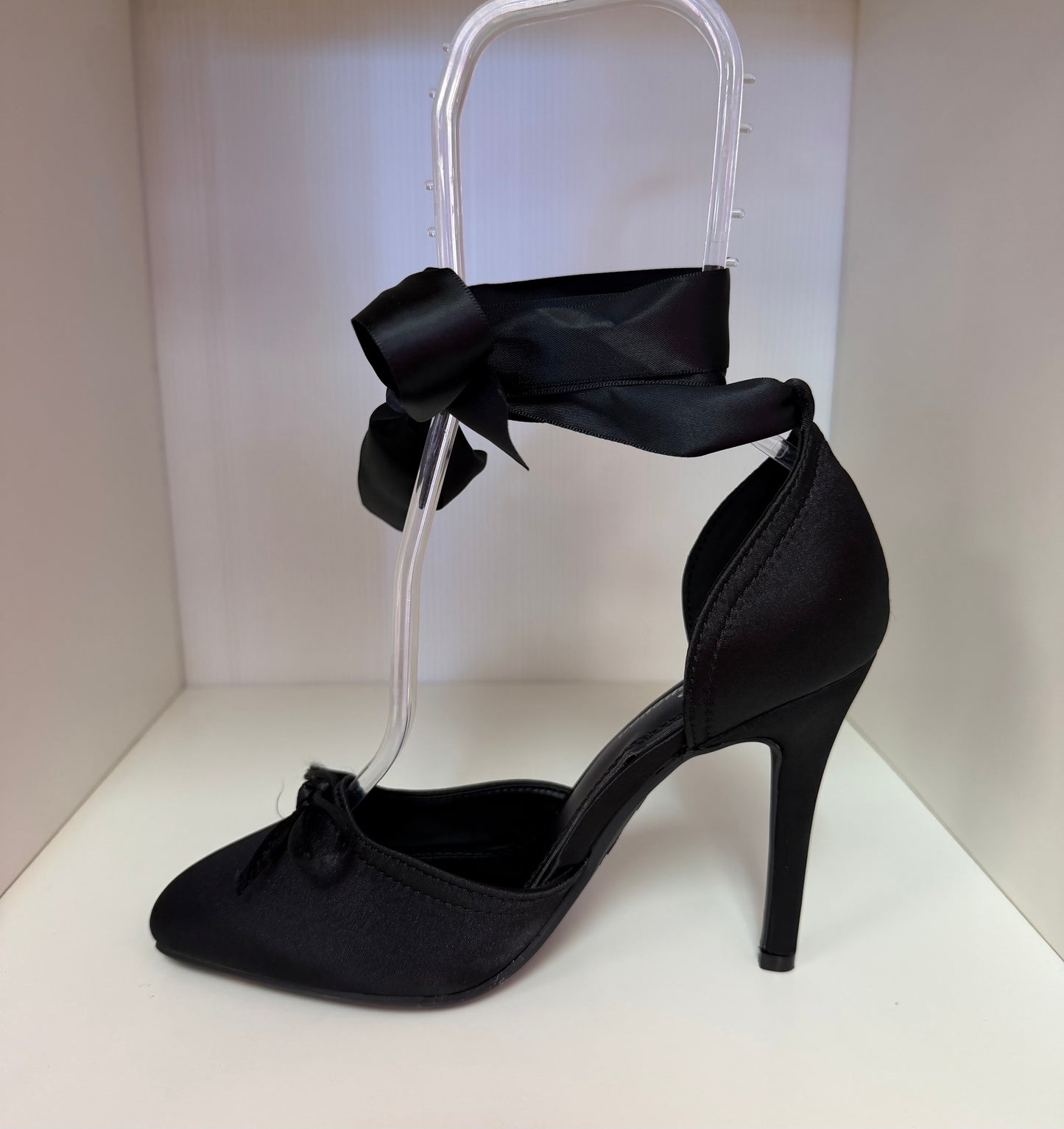 MIRACLE-11 BLACK SATIN TIE UP CLOSED TOE BALLERINA STILETTO HEELS