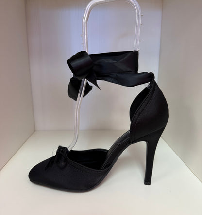 MIRACLE-11 BLACK SATIN TIE UP CLOSED TOE BALLERINA STILETTO HEELS