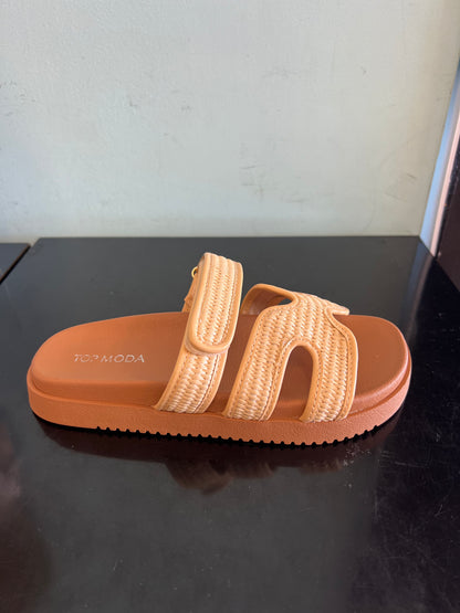 LYON-20

- Beige Tan Natural Raffia Sandal
- Open Toe
- Multi Strap
- Slip On
- Flatform Sole, Approx. 1"