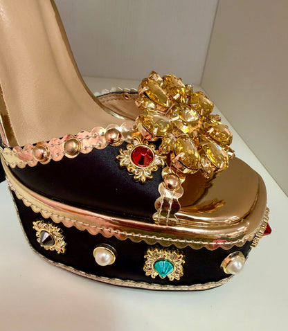 ROYAL-1 AG26 BLACK SATIN PLATFORM CHUNKY HEEL TRIMMED WITH GOLD FAUX LEATHER AND ALL OVER JEWELS