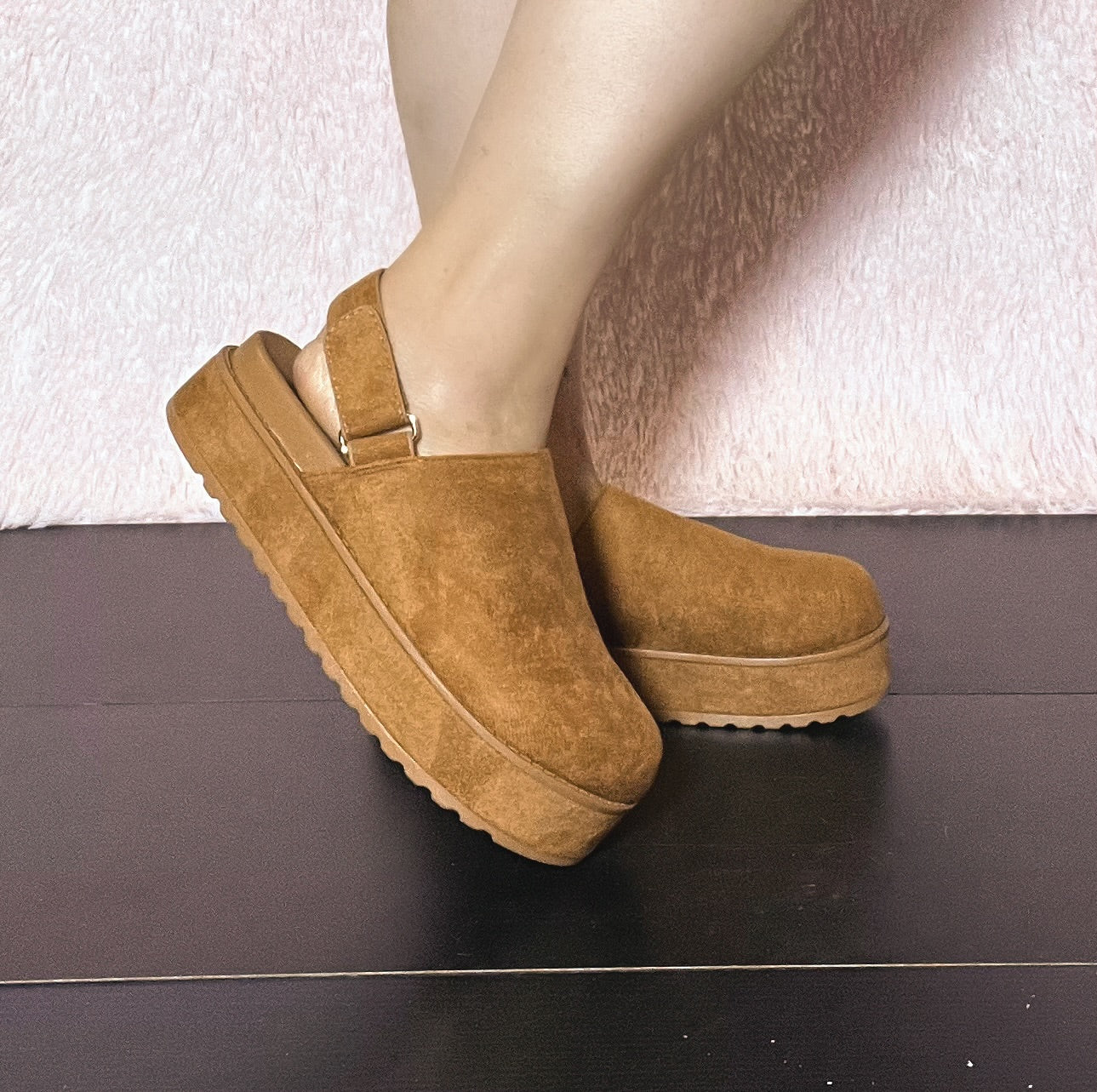 RENO-1 Tan Faux Suede Platform Clog Slingback