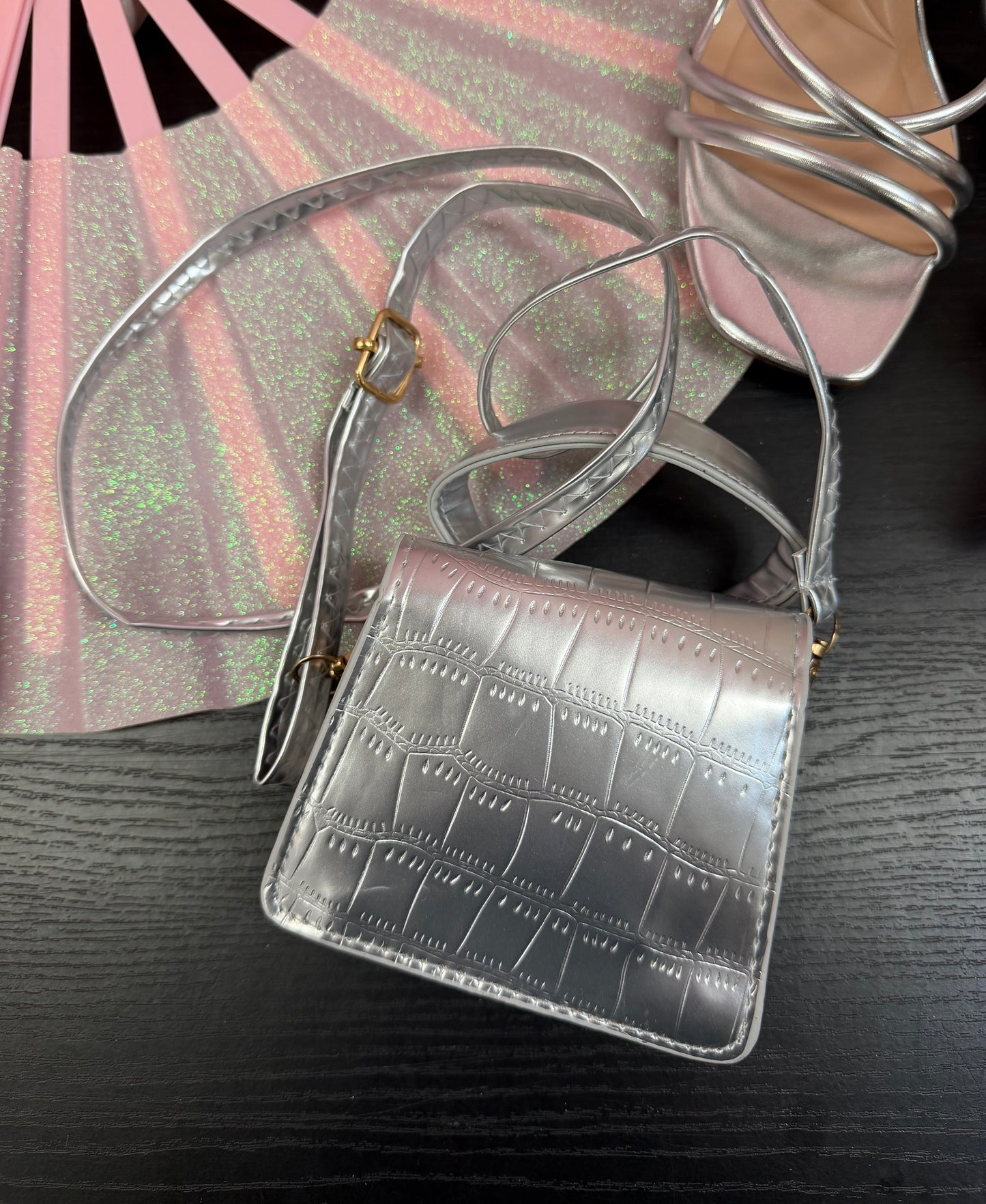NEDRA SILVER EMBOSSED MINI BAG WITH CROSS BODY STRAP