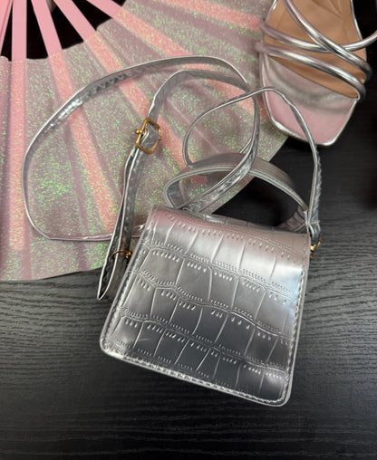 NEDRA SILVER EMBOSSED MINI BAG WITH CROSS BODY STRAP