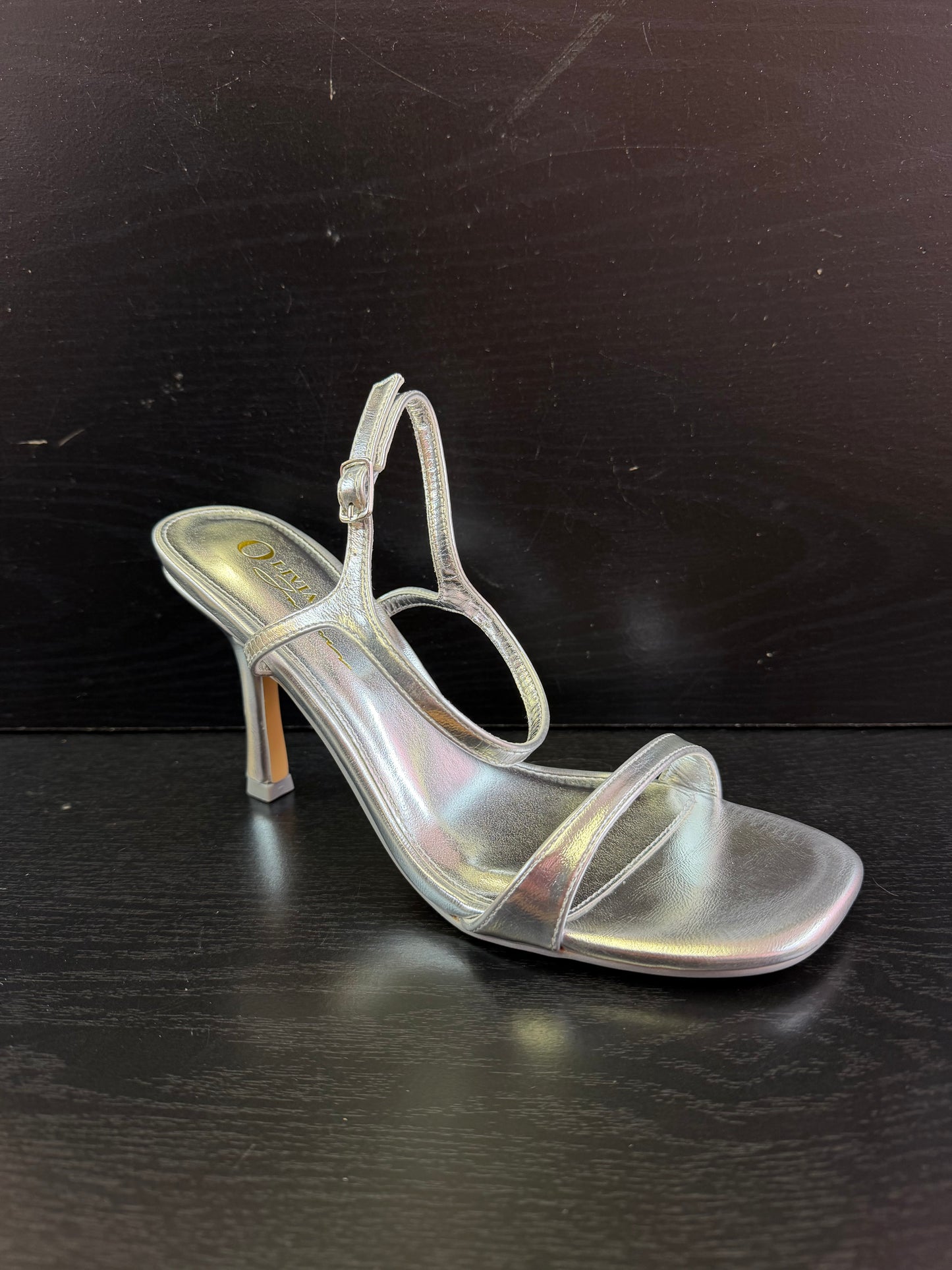 BIBIANA METALLIC FAUX LEATHER ANKLE STRAP HEEL Silver