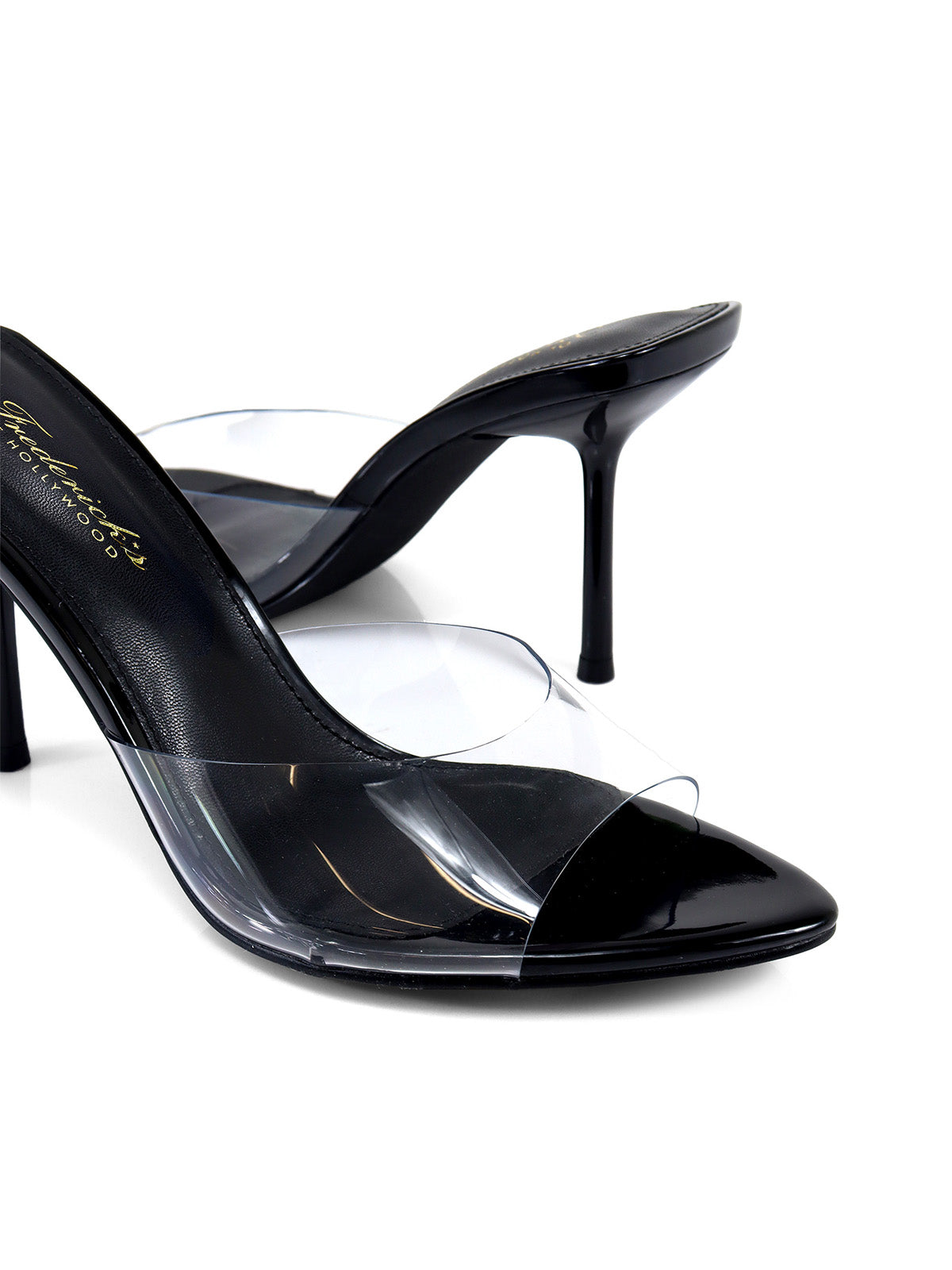 FOH-SHANYA

- Black Patent Leather Toe
- Clear Plastic Vamp Band
- Pointy Peep Toe
- Slip On
- Stiletto Heel approximately 4"