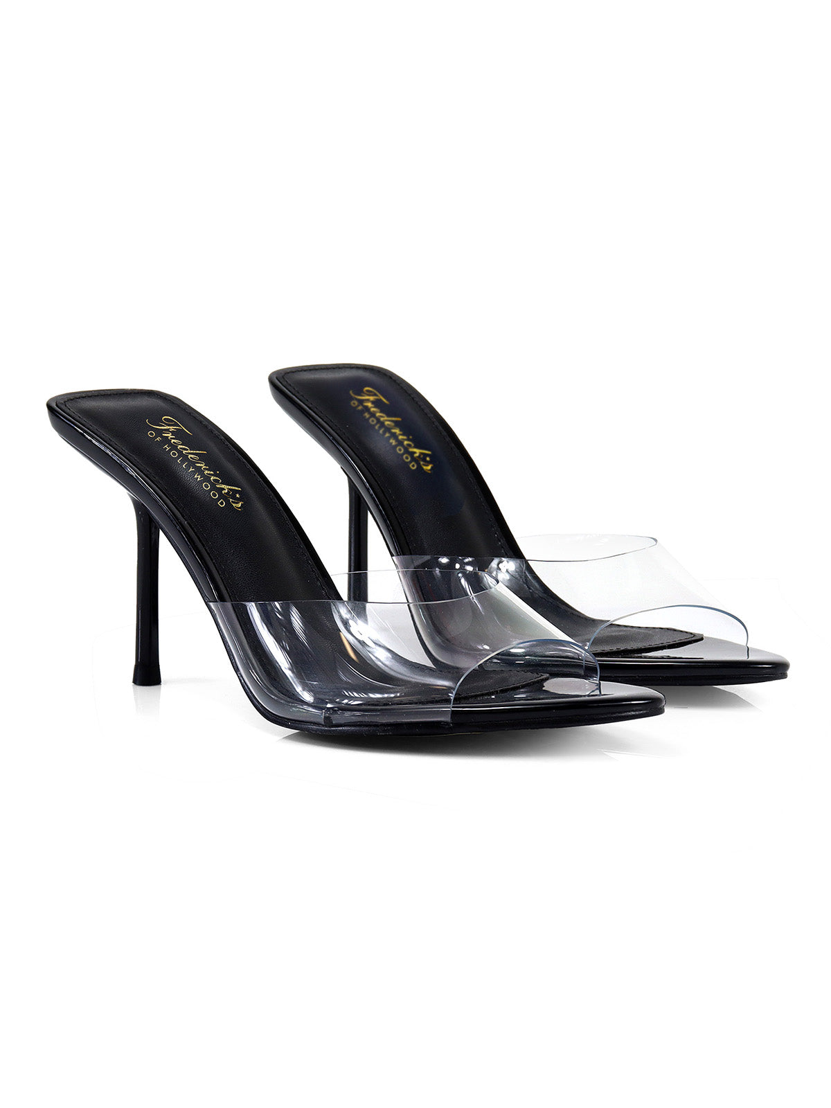 FOH-SHANYA

- Black Patent Leather Toe
- Clear Plastic Vamp Band
- Pointy Peep Toe
- Slip On
- Stiletto Heel approximately 4"