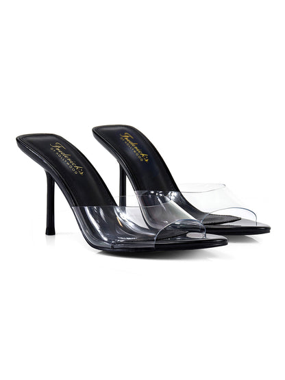 FOH-SHANYA

- Black Patent Leather Toe
- Clear Plastic Vamp Band
- Pointy Peep Toe
- Slip On
- Stiletto Heel approximately 4"