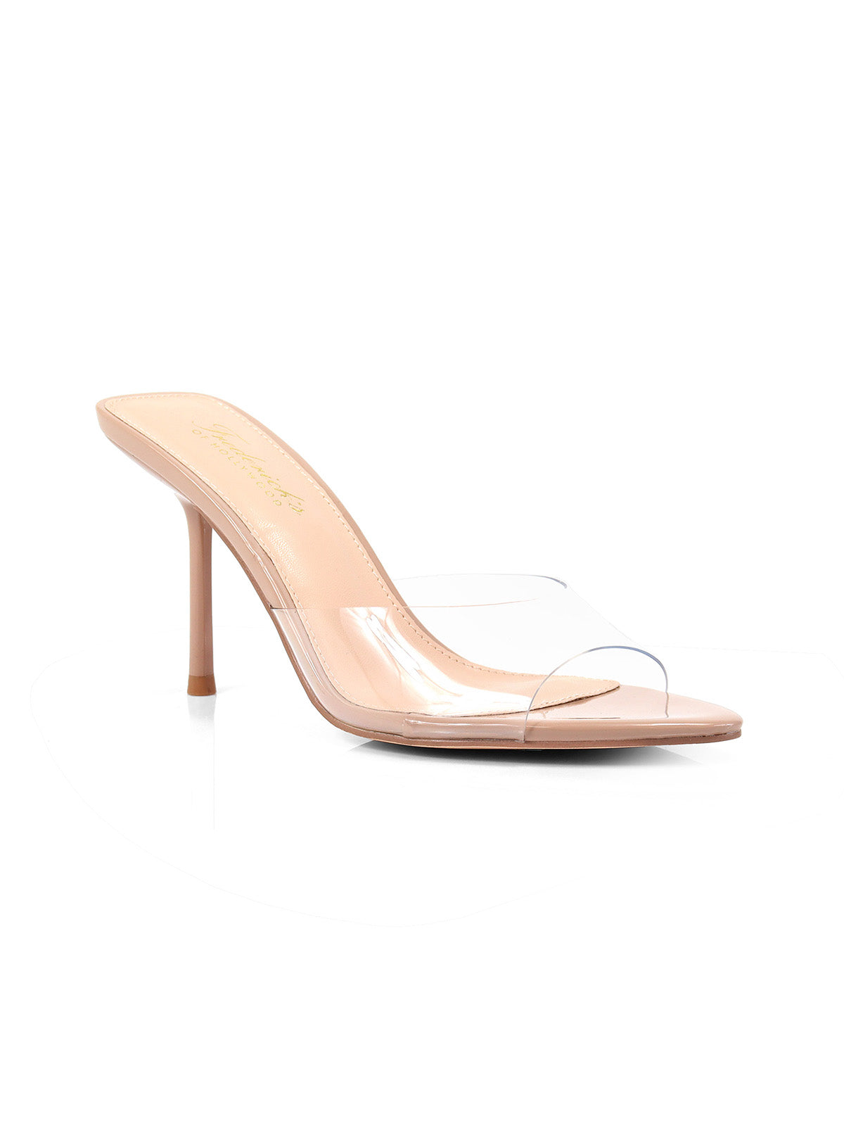 FOH-SHANYA Clear/nude

- Nude Patent Leather Toe and base
- Clear Patent Leather Vamp Band
- Pointy Peep Toe
- Slip On
- Stiletto Heel approximately 4"