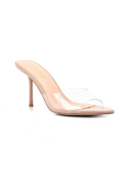 FOH-SHANYA Clear/nude

- Nude Patent Leather Toe and base
- Clear Patent Leather Vamp Band
- Pointy Peep Toe
- Slip On
- Stiletto Heel approximately 4"