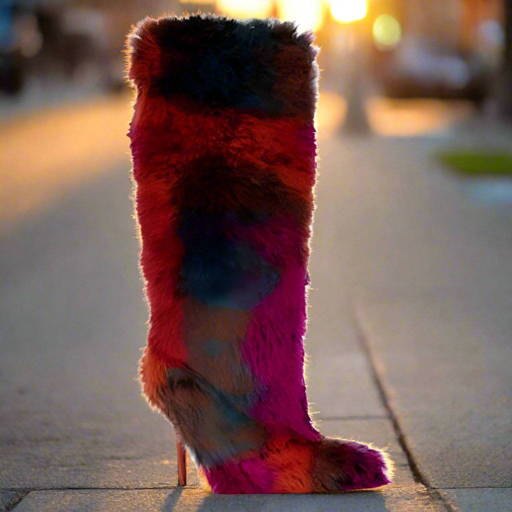 UPSETTER Orange Multi Faux Fur Boot - Stiletto Heel, approx 4" - Knee Boot