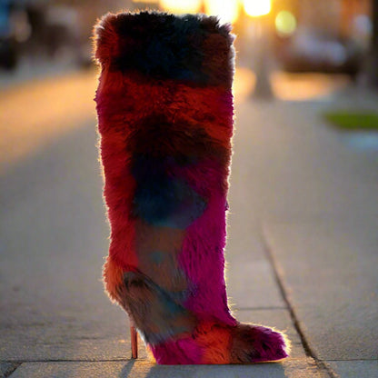 UPSETTER Orange Multi Faux Fur Boot - Stiletto Heel, approx 4" - Knee Boot