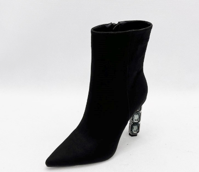 GEMMA-01 BLACK FAUX SUEDE POINTY TOE ANKLE BOOT WITH JEWEL INSET HEEL