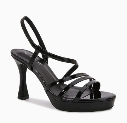 GITA BLACK PATENT LEATHER OPEN TOE ASYMMETRICAL STRAPPY PLATFORM FLARED HEEL
