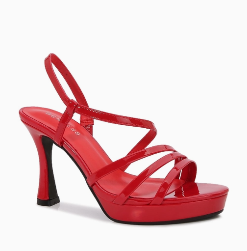GITA RED PATENT LEATHER OPEN TOE ASYMMETRICAL STRAPPY PLATFORM FLARED HEEL