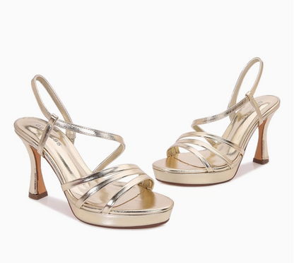 GITA GOLD FAUX LEATHER OPEN TOE ASYMMETRICAL STRAPPY PLATFORM FLARED HEEL