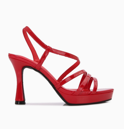 GITA RED PATENT LEATHER OPEN TOE ASYMMETRICAL STRAPPY PLATFORM FLARED HEEL