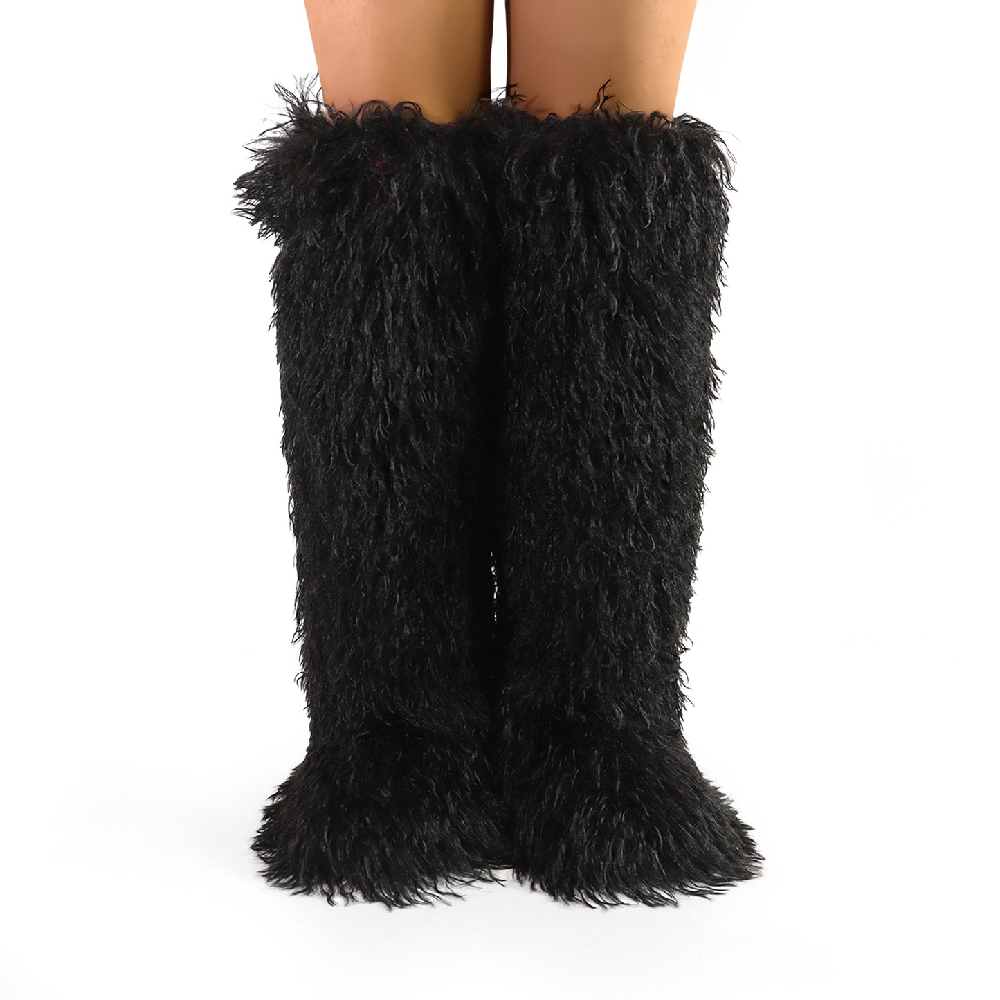 GOGO-4J26 BLACK CURLY FUR OVER-THE-KNEE BOOTS
