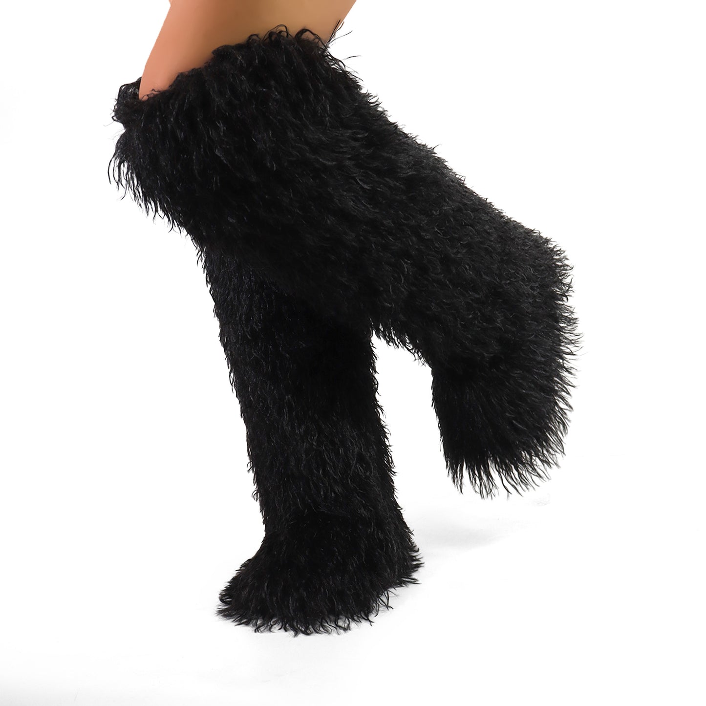 GOGO-4J26 BLACK CURLY FUR OVER-THE-KNEE BOOTS