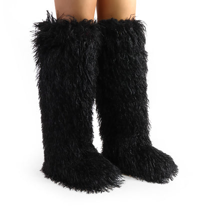GOGO-4J26 BLACK CURLY FUR OVER-THE-KNEE BOOTS