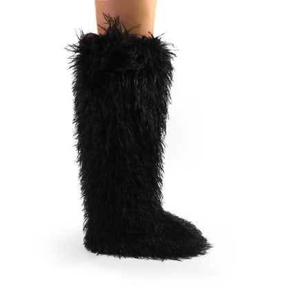 GOGO-4J26 BLACK CURLY FUR OVER-THE-KNEE BOOTS