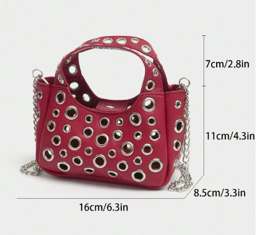 GWEN RED SMALL PURSE WITH PUNKY OPEN GROMMET DESIGN CARRY HANDLE AND CROSS BODY STRAP (Copy)