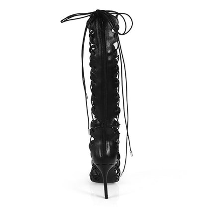 HUGO-60 BLACK FAUX LEATHER STRAP UP OPEN TOE GLADIATOR STILETTO WITH GROMMET DETAIL