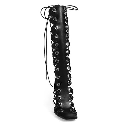 HUGO-60 BLACK FAUX LEATHER STRAP UP OPEN TOE GLADIATOR STILETTO WITH GROMMET DETAIL