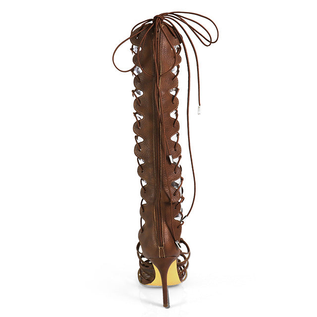 HUGO-60 BROWN FAUX LEATHER STRAP UP OPEN TOE GLADIATOR STILETTO WITH GROMMET DETAIL
