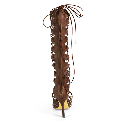 HUGO-60 BROWN FAUX LEATHER STRAP UP OPEN TOE GLADIATOR STILETTO WITH GROMMET DETAIL